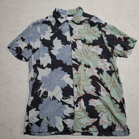 Topman Spliced Floral Hibiscus Viscose Green & BLUE Tropical Hawaiian Shirt NWOT - Picture 2 of 10